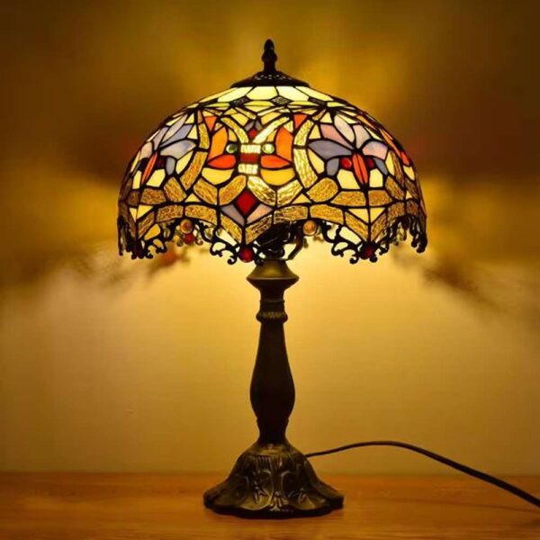 Decorative 18.1 in. Multi-Colored Tiffany-Style Table Lamp Bronze Finish Baroque Glass Bedside Lamp