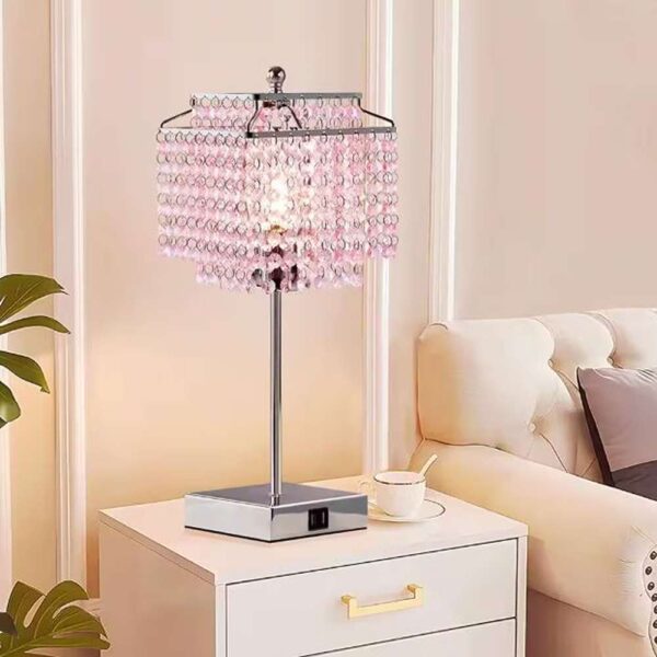 17.6 in. Pink Crystal Touch Table Lamp, Bedside Lamps with USB C plus A Ports, 3 Way Dimmable Lamp with Crystal Shade