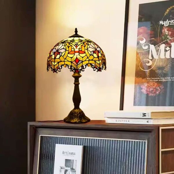 Decorative 18.1 in. Multi-Colored Tiffany-Style Table Lamp Bronze Finish Baroque Glass Bedside Lamp