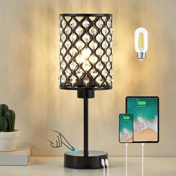 14.75 in. Black Crystal Table Lamp for Nightst USB C plus A Ports 3 Way Dimmable Lamp Crystal Shade for Bedroom